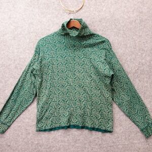 Vintage 90s GAP Womens S Green Sweater Top Floral Paisley Ditsy Mock Turtleneck